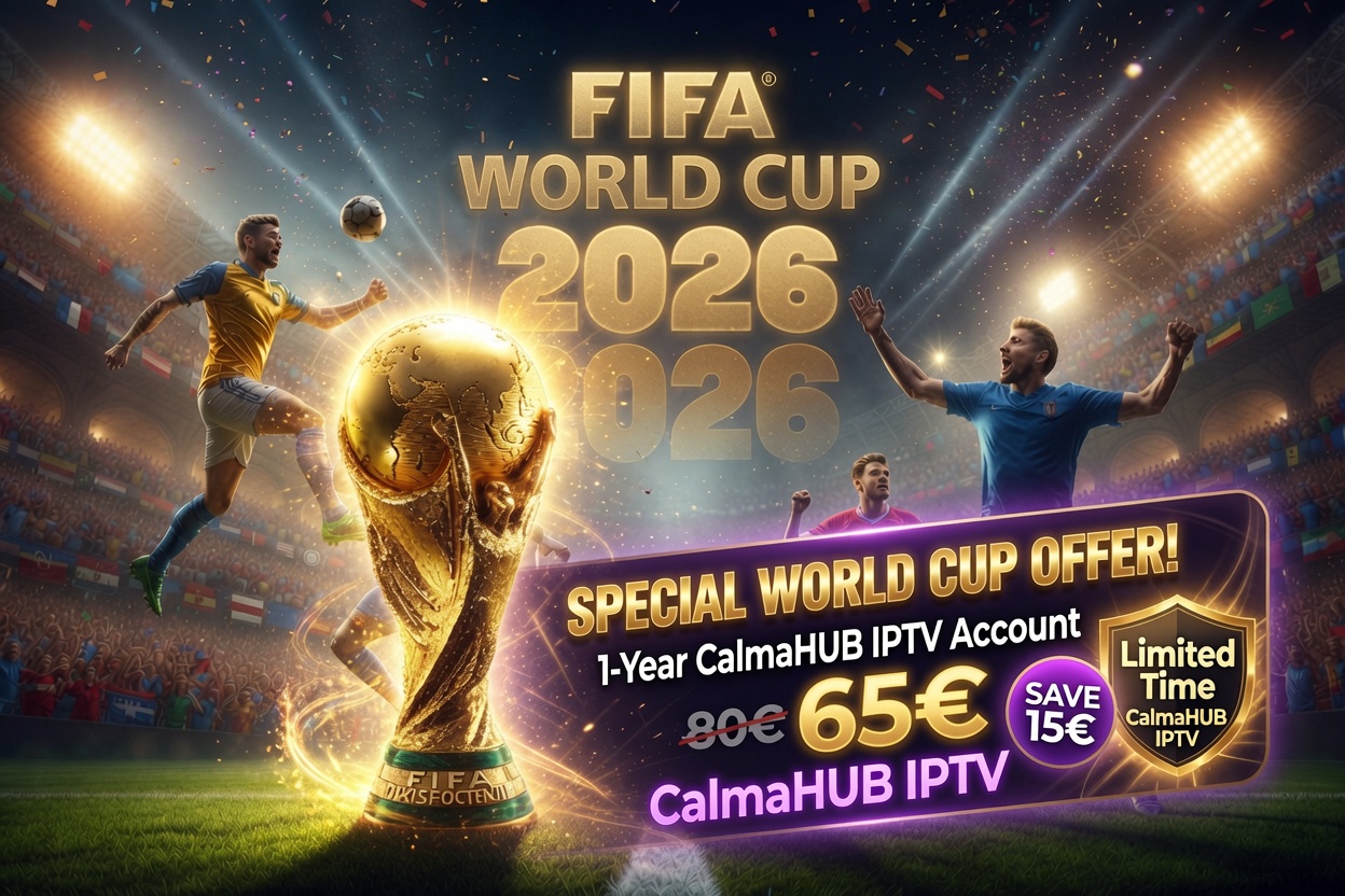 Promotional image for FIFA World Cup 2026 featuring a glowing trophy, celebrating players, and a banner advertising CalmaHUB IPTV at 65€ (save 15€).